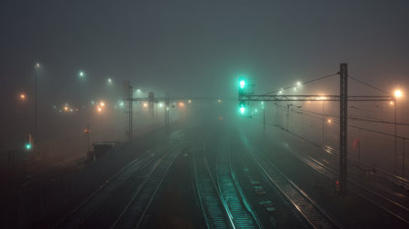 A serene yet eerie scene of a foggy train yard at night, featuring green signal lights illuminating the empty tracks and dim street lamps.の素材