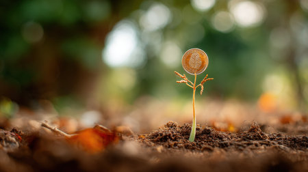 A single sprout emerges from the soil, crowned with a coin, symbolizing the blend of nature and financial investment, embodying growth and potential.の素材