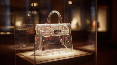 A captivating transparent handbag elegantly displayed in a glass case, highlighting its luxury design with soft lighting and exquisite details.の素材