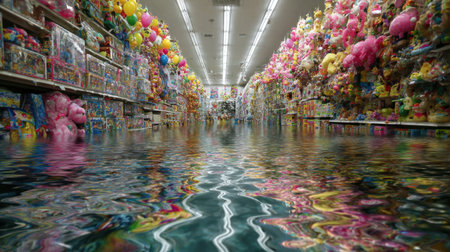 An imaginative scene showcasing a flooded toy store aisle filled with plush toys and vibrant decorations. The reflection in the water adds a surreal touch.の素材