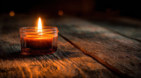 A warm candle flickers gently on a rustic wooden surface, creating a serene atmosphere perfect for relaxation and intimate gatherings.の素材