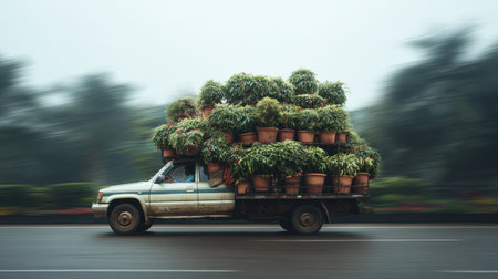 A pickup truck carries numerous potted plants, showcasing a mobile greenery delivery amid a foggy landscape, emphasizing transportation of nature.の素材