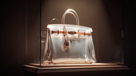 A stunning transparent handbag is elegantly displayed inside a glass case, highlighted by soft, warm lighting that enhances its luxurious design.の素材