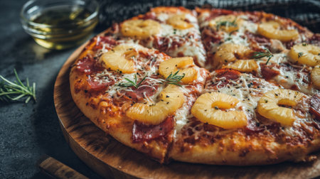 A mouthwatering pizza featuring a blend of pineapple, ham, melted cheese, and fresh herbs, perfect for any meal occasion or gathering.の素材