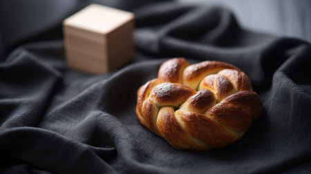 This image features a freshly baked golden brown sweet bread resting on dark fabric, with a wooden cube in the background, ideal for culinary and food themes.の素材