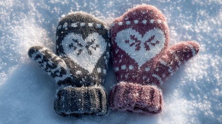 A pair of beautifully knitted mittens featuring a heart design sits on a snow-covered surface, evoking warmth and comfort. Ideal for winter-themed visuals.の素材
