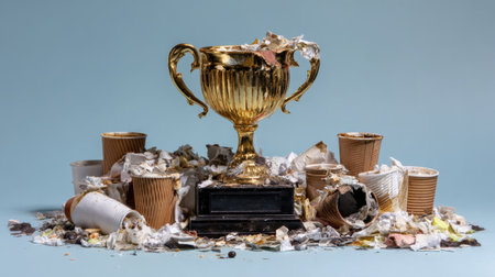 A striking image of a golden trophy surrounded by discarded coffee cups and crumpled paper, representing the contrast between achievement and chaos.の素材