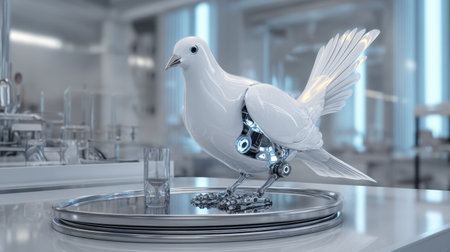 This image showcases a futuristic robotic bird with intricate design, perched on a tray next to a glass, set in a modern laboratory.の素材