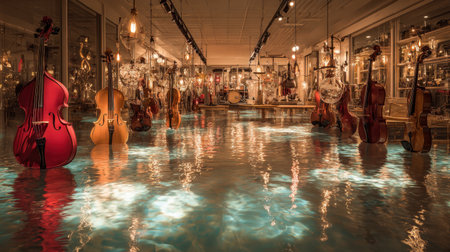 A tranquil scene showcasing musical instruments surrounded by reflective water, creating a serene ambiance in an artistic gallery space.の素材