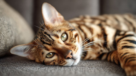 A beautiful Bengal cat lounges on a couch, showcasing its unique fur pattern and captivating green eyes. This image evokes warmth and comfort, perfect for showcasing the charm of domestic pets.の素材
