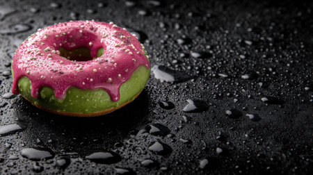 A vibrant green and pink donut with icing and sprinkles is showcased on a wet black surface, highlighting its deliciousness and allure.の素材