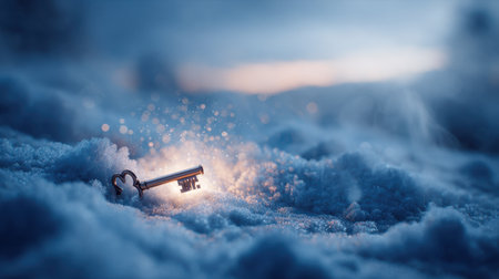 A mystical key rests on a bed of soft snow, radiating a gentle glow in a serene winter landscape. The enchanting atmosphere evokes wonder and curiosity.の素材