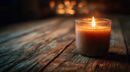 A serene candle emits a warm glow atop an aged wooden table, creating a tranquil ambiance. Its flickering flame contrasts softly with a blurred background.の素材