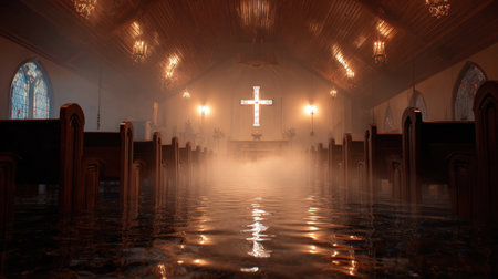 A tranquil scene inside a flooded church, with a striking illuminated cross, soft light, and mist creating a serene atmosphere perfect for contemplation.の素材