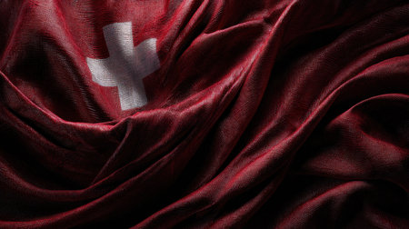 This image features the Swiss flag gracefully draped in soft, luxurious fabric, highlighting the rich red and white colors. The elegant folds and textures create an artistic representation of national pride and heritage.の素材