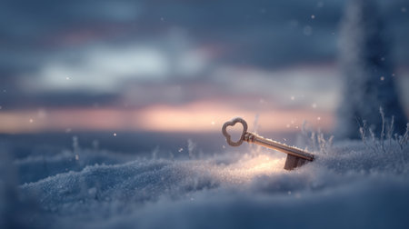 A vintage key resting gently in fresh snow captures a serene winter moment. Soft light illuminates the scene, evoking mystery and tranquility.の素材