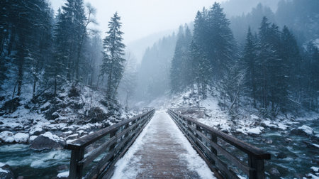 A tranquil winter scene highlights a wooden bridge amidst a snowy forest, enveloped in fog and surrounded by towering pine trees.の素材