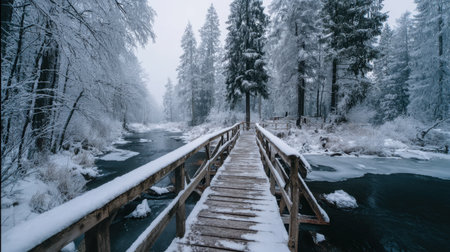 A stunning winter scene showcasing a wooden bridge over a frozen river, surrounded by snow-covered evergreen trees in a peaceful forest setting.の素材
