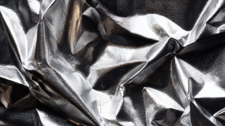 This image showcases a crumpled metallic surface with a shiny silver finish, capturing reflections and light. Ideal for backgrounds, designs, and creative projects.の素材
