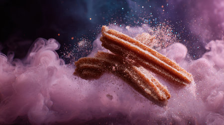 This image showcases delectable churros coated in sugar against an enchanting colorful smoke background, perfect for enticing dessert lovers and food enthusiasts.の素材