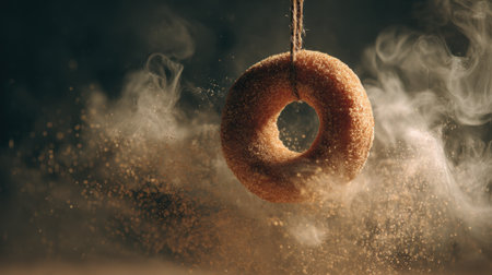 A beautifully captured glazed donut hangs in mid-air, enveloped in a gentle mist of smoke and dust, showcasing its sugar coating and texture.の素材