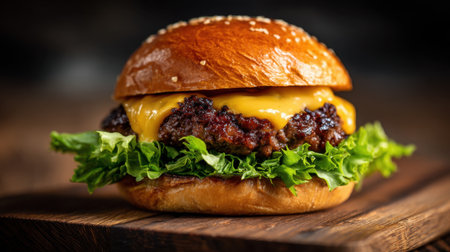 A mouthwatering hamburger featuring a juicy beef patty topped with melted cheddar cheese and fresh lettuce, served on a sesame seed bun.の素材