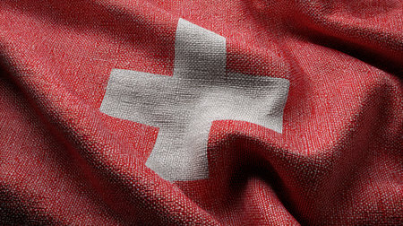 A detailed close-up of the Swiss flag on textured red fabric, featuring the iconic white cross. This image captures national pride and cultural heritage.の素材