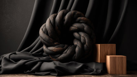 A striking black knotted fabric sculpture rests against a dark cloth backdrop, complemented by wooden cubes, creating a captivating visual harmony.の素材