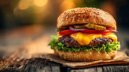 A beautifully crafted cheeseburger featuring melted cheddar, fresh vegetables, and a sesame seed bun, set against a warm sunset backdrop.の素材