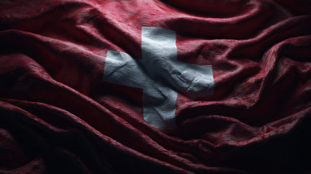 The image captures the Swiss flag with its vibrant red hues and distinct white cross, emphasizing texture and movement in the fabric.の素材