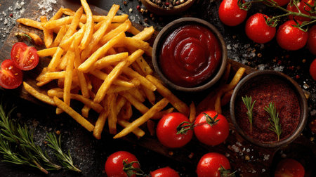A mouth-watering composition featuring crispy French fries accompanied by ripe tomatoes and rich sauces, evoking a gourmet dining experience.の素材