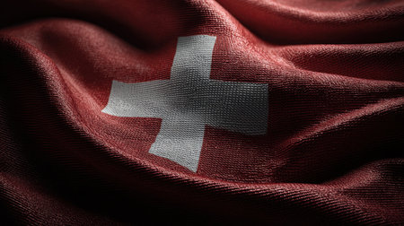 This image captures a detailed close-up of the Swiss flag, showcasing its rich fabric texture and subtle lighting, ideal for artistic projects.の素材