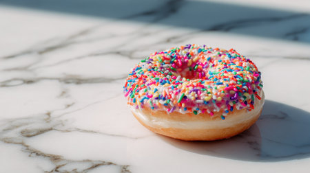 A vibrant sprinkles donut sits on a sleek marble surface, illuminated by soft natural light, showcasing its delicious icing and inviting texture.の素材