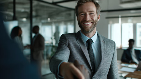 A smiling businessman engages in a handshake with another professional in a modern office, symbolizing partnership and success in business.の素材