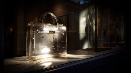 A stunning transparent handbag sits gracefully in a boutique window, illuminated by soft light. The elegant design captures the essence of modern fashion and style.の素材