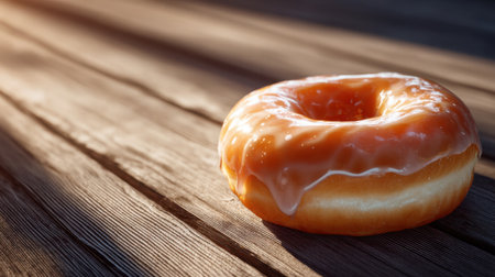 A captivating image of a glazed donut resting on a wooden table, enhanced by soft morning light and gentle shadows. Perfect for food and dessert themes.の素材