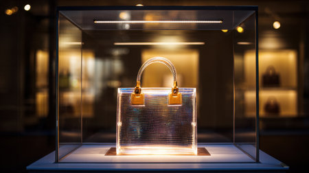 A stunning transparent handbag is elegantly displayed in a glass showcase, highlighted by soft lighting, exuding luxury and sophistication.の素材