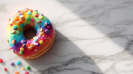 This vibrant donut, adorned with colorful sprinkles, rests on a marble surface, casting playful shadows that enhance its appeal. Perfect for sweet treat imagery.の素材
