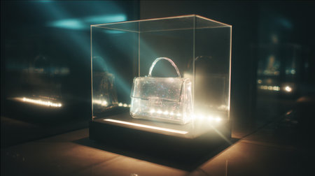 A stunning transparent handbag elegantly displayed in a glass case, highlighted by soft lighting and reflections, showcasing stylish design and luxury.の素材