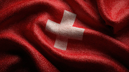 A close-up view of the Swiss flag, showcasing the vibrant red fabric with a white cross. The textured wave creates a sense of depth and motion, symbolizing national pride and identity.の素材