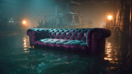 A striking velvet couch occupies a water-filled industrial space, enveloped in fog. Unique lighting enhances the surreal atmosphere, creating a captivating visual experience.の素材