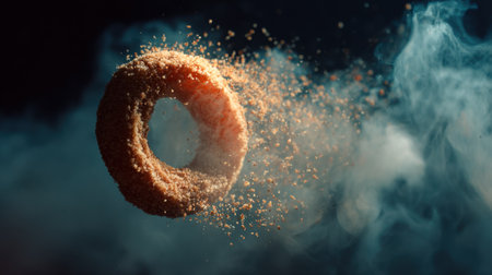 Captivating image of a floating donut enveloped in ethereal smoke and sugar particles, showcasing a unique fusion of culinary art and photography.の素材