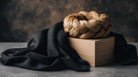 This image captures an elegant decorative arrangement featuring a woven rope piece atop a minimalistic wooden pedestal, surrounded by soft black fabric.の素材