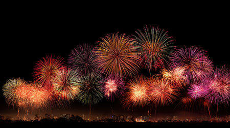 Experience the dazzling display of vibrant fireworks lighting up the night sky over a city, creating an unforgettable celebration atmosphere.の素材