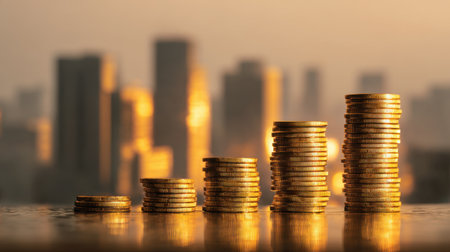 A stunning image of stacked gold coins set against a city skyline during sunset. This visual portrays the themes of financial growth and wealth.の素材