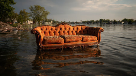 A vintage orange couch sits afloat in a serene lake, surrounded by trees and a dramatic sky, creating a surreal and thought-provoking scene.の素材