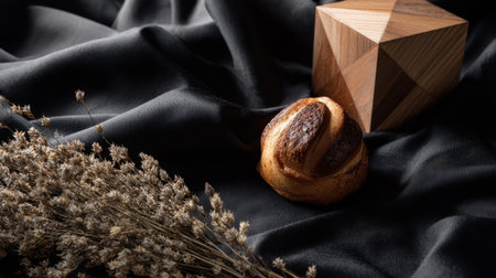 This elegant still life features a baked roll, a unique wooden geometric shape, and dried flowers, artfully arranged on a black fabric background.の素材