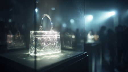 A stunning transparent handbag displayed in a contemporary exhibit, illuminated by soft lighting, creating a captivating ambience that highlights its elegance.の素材