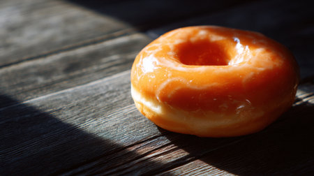 A freshly glazed doughnut placed on a rustic wooden surface, captured in soft natural light to highlight its glossy finish and inviting texture.の素材
