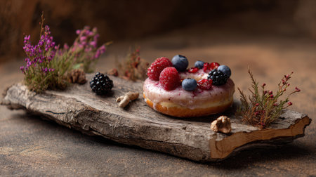 A beautifully crafted donut topped with fresh berries rests on a rustic wooden surface, complemented by natural elements for a charming presentation.の素材